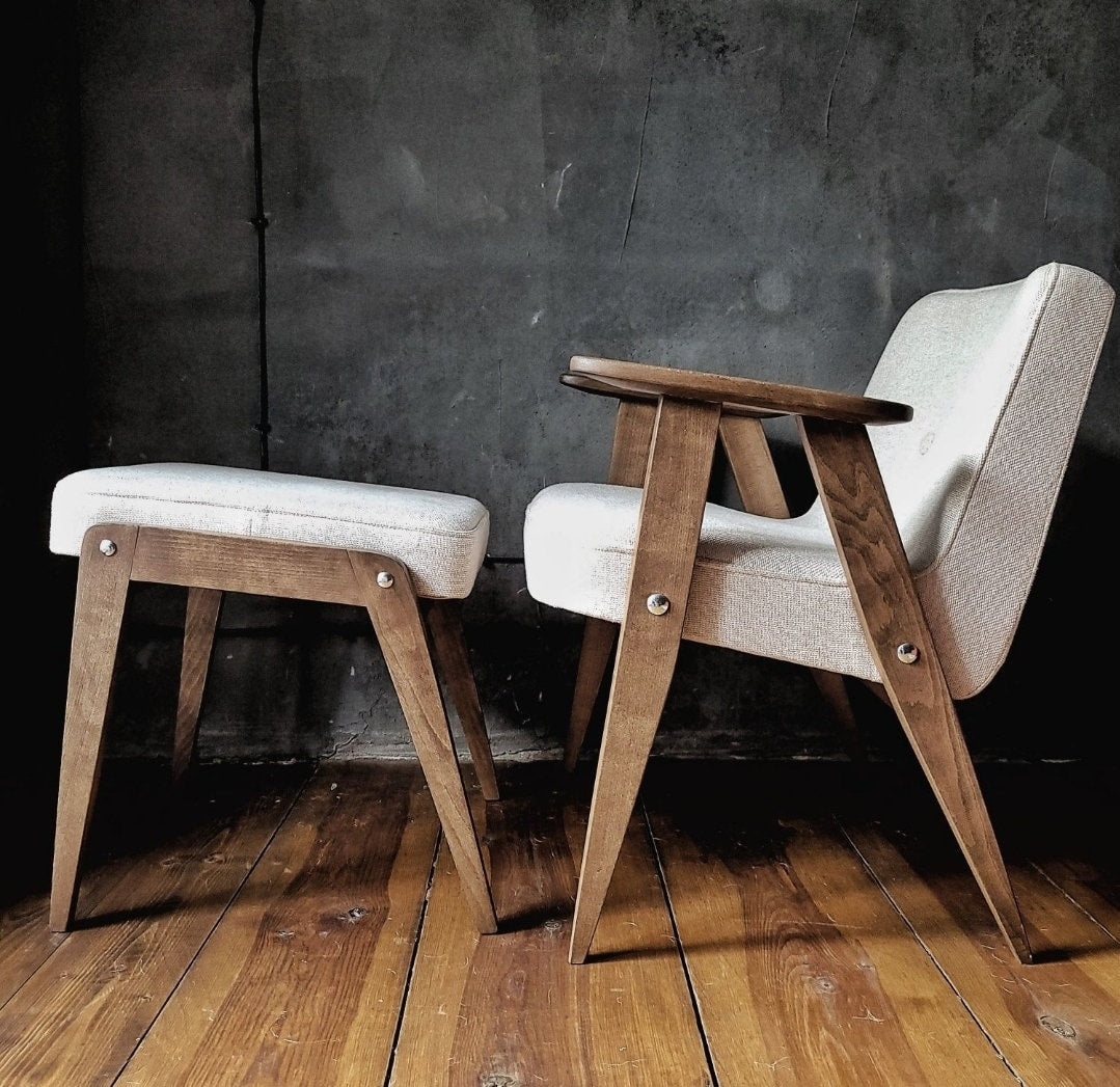 Fotel Chierowski 366 z podnóżkiem PRL Design Vintage polish armchair with footrest mid century
