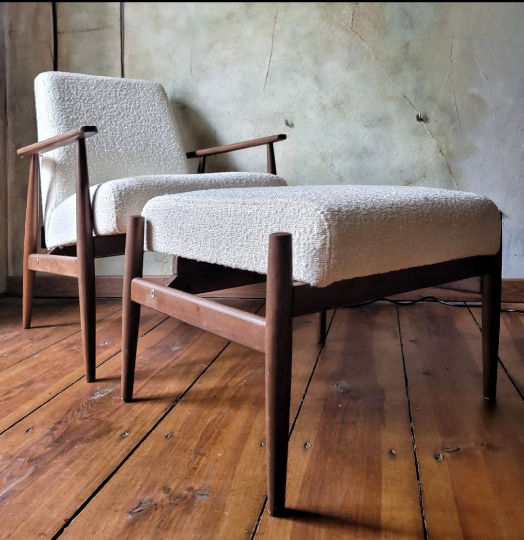 Fotel Lisek 300-190 PRL Design Vintage polish armchair with footrest mid century