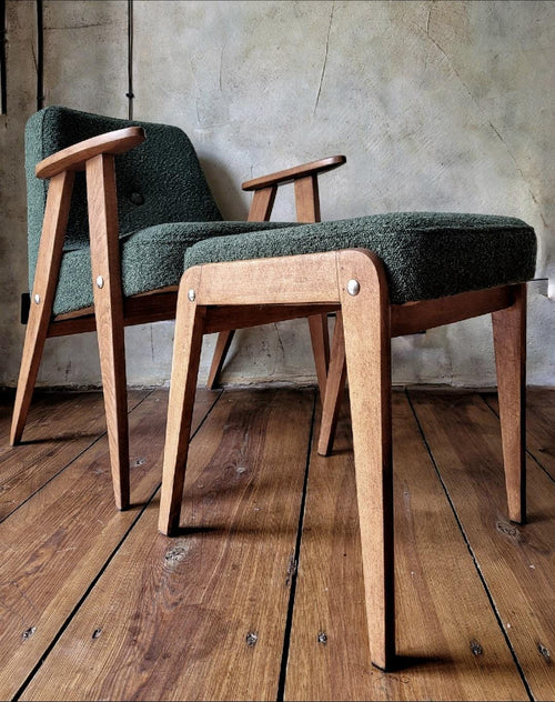 Fotel Chierowski 366 z podnóżkiem PRL Design Vintage polish armchair with footrest mid century