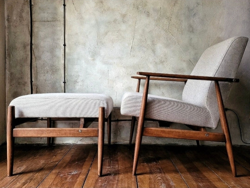 Fotel Lisek 300-190 PRL Design Vintage polish armchair with footrest mid century