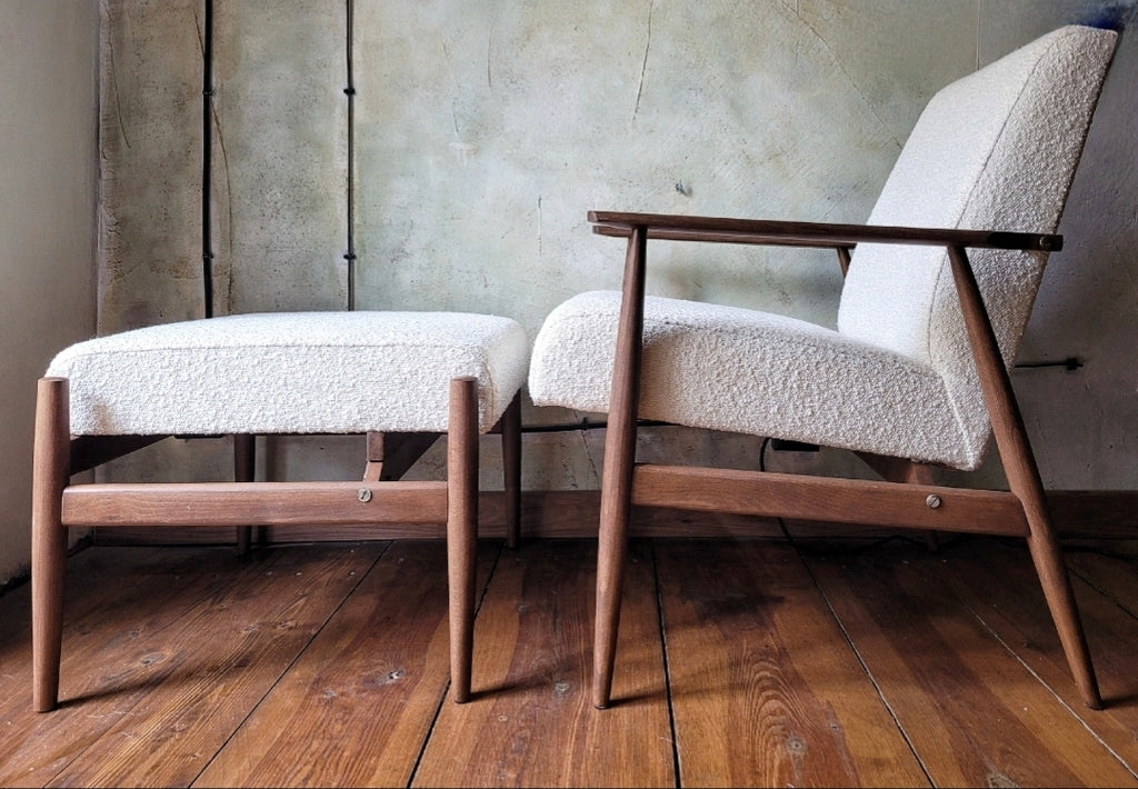 Fotel Lisek 300-190 PRL Design Vintage polish armchair with footrest mid century